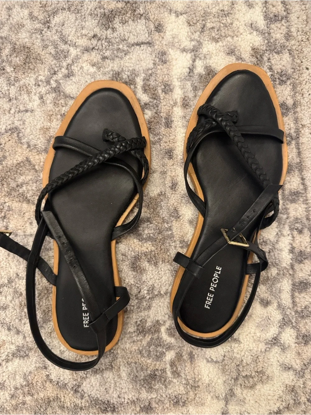NEW Free People Sunny Days Leather Black Braided Strap Flat Sandals